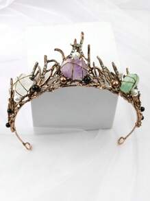 1pc Natural Crystal Stone Decorated Crown Headband - Bronze - View 3