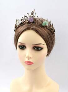 1pc Natural Crystal Stone Decorated Crown Headband - Bronze - View 5