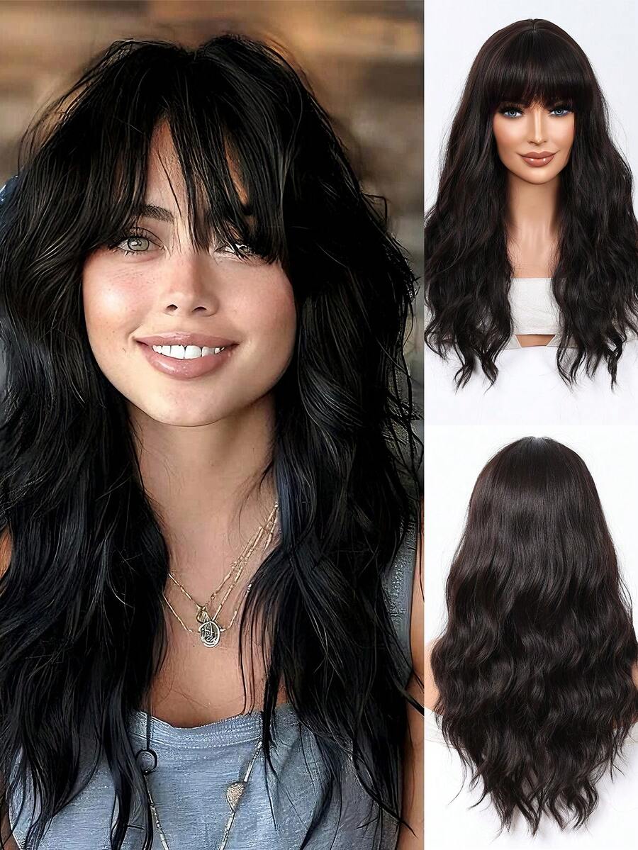 自然黑发水波顺滑春夏音乐节万圣节派对假发深棕色 22 英寸带刘海长波浪发合成假发适合女孩女士日常使用派对度假节日自然性感浪漫优雅简约街头运动休闲万圣节圣诞节角色扮演耐热假发 - 黑色 - 查看 1