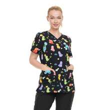 Women's Printed V-Neck Scrub Top – 4-Way Stretch - Multi-Pocket, Soft Stretch Fabric – Fun Dinosaur Pattern | Clinical Scrubs | Nurse Beauty Salon Workwear | Spa Doctor Nursing Clinical Suit - màu đen - Xem 5