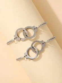 2 件创意个性复古不锈钢手铐链友谊情侣手链带卡 - 手銬 - 查看 5