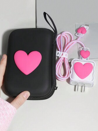 6 piezas/Juego Bolsa organizadora de cables de EVA + 1.5m Enrollador con forma de corazón + Tapa de carga reforzada anti-rotura de TPU compatible con modelos 12/13/14, Cable de datos de carga rápida de 20W