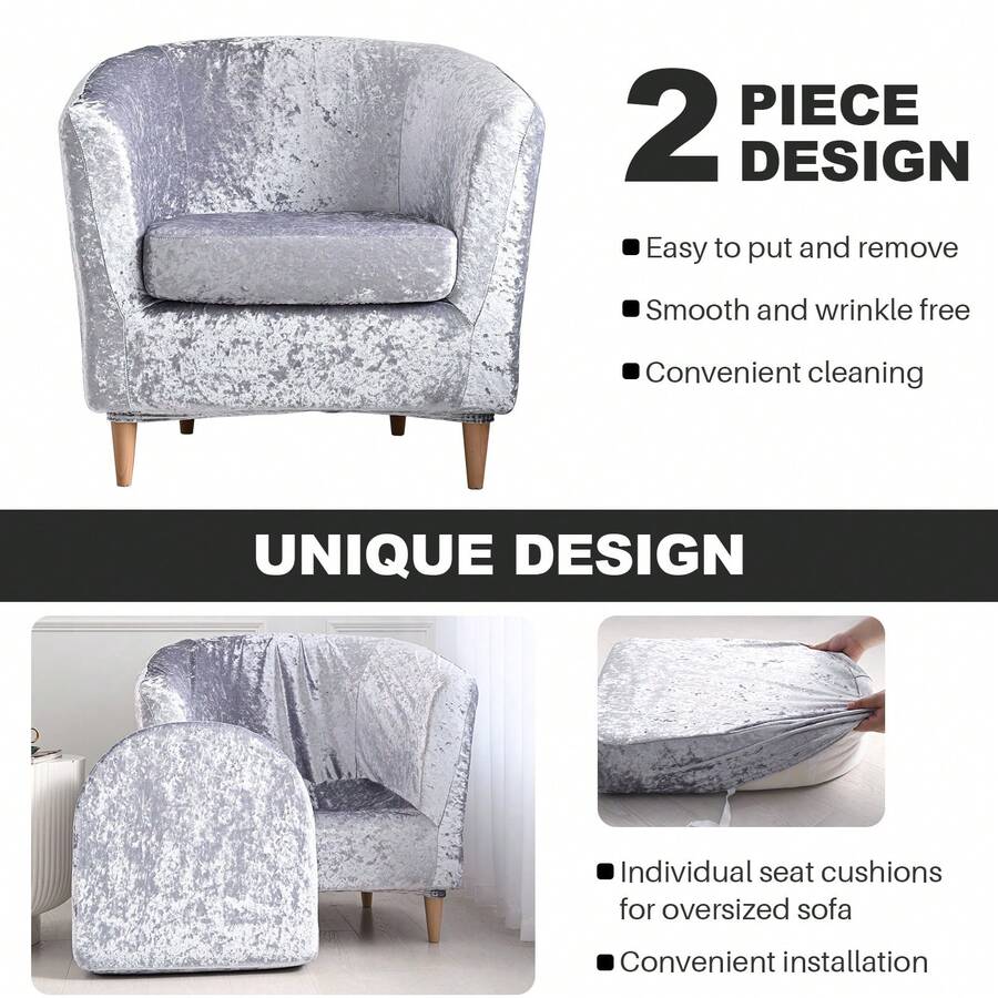 Crushed Velvet Tub Chair Covers 2 Pieces Armchair Sofa Slipcovers With Cushion Cover High Stretch Soft Tub Sofa Covers Furniture Protector For Bar Counter Living Room - Silver - View 1