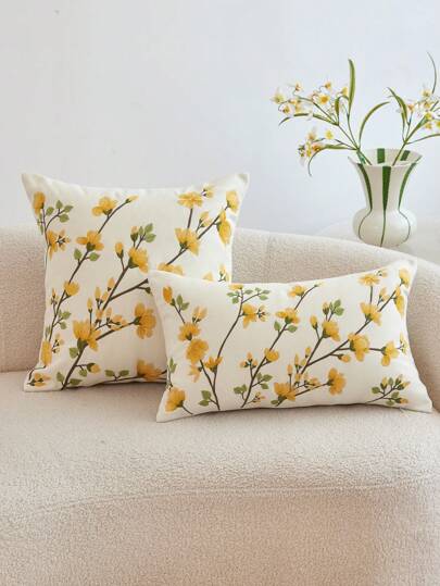 1pc Yellow Ditsy Floral Embroidery Pillowcase, Suitable For Interior Decoration, All-Season Pillowcase