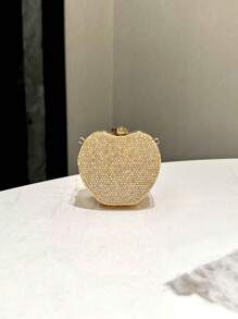 Shiny Gold Clutch Bag With Rhinestone Decoration, Mini Apple-Shaped Evening Bag, Suitable For Banquets, Weddings, Parties, Fashionable And Versatile Crossbody Bag With Metal Chain - Gold - View 4