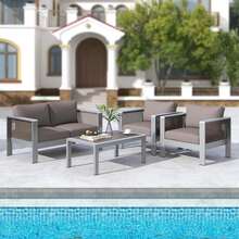 Patio Aluminum Loveseat Sofa Outdoor Furniture Set With Thick Back & Seat Cushions Grey - Xám - Xem 4