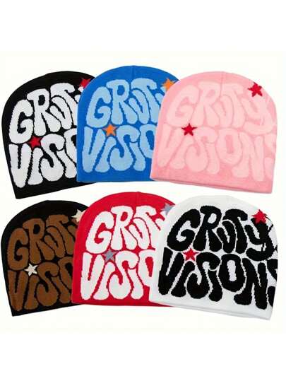 1 pieza Gorro de punto de doble cara Y2K con tela de rejilla con letra Jacquard, unicolor con colores brillantes estilo Candy Color, sombrero de hip hop, sombrero de cráneo cálido elástico para parejas para mujeres y hombres, Gorros tejidos de invier