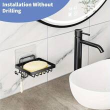1pc Soap Dish With Hook, Wall Mounted Soap Holder For Shower Without Drilling, For Bathroom And Kitchen - Black - View 2
