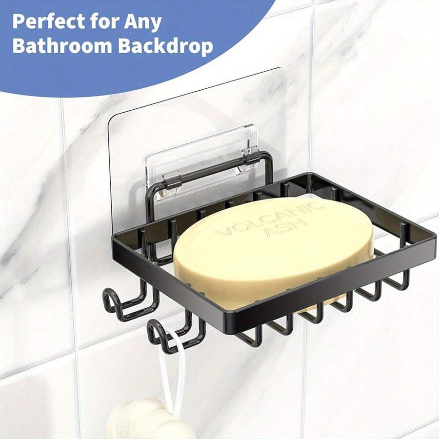 1pc Soap Dish With Hook, Wall Mounted Soap Holder For Shower Without Drilling, For Bathroom And Kitchen - Black - View 1
