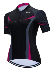 1pc Women's Cycling Jersey, Summer Short Sleeve Mountain Bike Riding Outfit Sports Black - Black - View 2