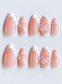 Mejore su estilo de uñas con 24 uñas de manicura francesa en forma de almendra, de tamaño mediano, con un diseño simple y elegante con bordes blancos, lazos 3D y adornos de perlas, hechas a mano y brillantes con pedrería. Adecuado para niñas y mujeres para usar en varias ocasiones, como vacaciones, fiestas, bodas, vacaciones, uso diario y talla grande. Incluye pegamento para uñas. - Multicolor - Ver 2