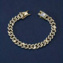 1pc Hip Hop Style  Chain Bracelet With Rhinestones For Women, Ideal For Date Gift - Yellow Gold - View 6