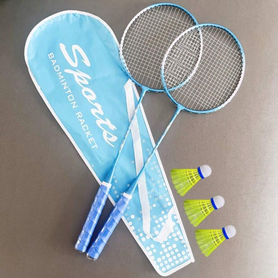 Conjunto de raquetas de bádminton, raquetas de ocio duraderas y livianas, 2 raquetas, 1 bolsa y 3 volantes de nylon - Azul - Ver 1