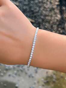 1pc Sparkly 5A Round Cut Cubic Zirconia Pure 925 Sterling Silver Tennis Bracelet With Hand Chain For Women, Ideal For Weddings, Engagements, Bridal Parties, Fine Jewelry Accessories Gifts