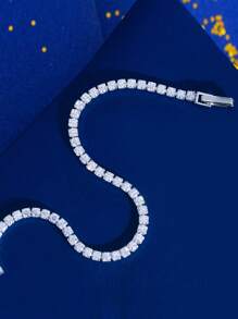 1pc Sparkly 5A Round Cut Cubic Zirconia Pure 925 Sterling Silver Tennis Bracelet With Hand Chain For Women, Ideal For Weddings, Engagements, Bridal Parties, Fine Jewelry Accessories Gifts