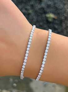 1pc Sparkly 5A Round Cut Cubic Zirconia Pure 925 Sterling Silver Tennis Bracelet With Hand Chain For Women, Ideal For Weddings, Engagements, Bridal Parties, Fine Jewelry Accessories Gifts