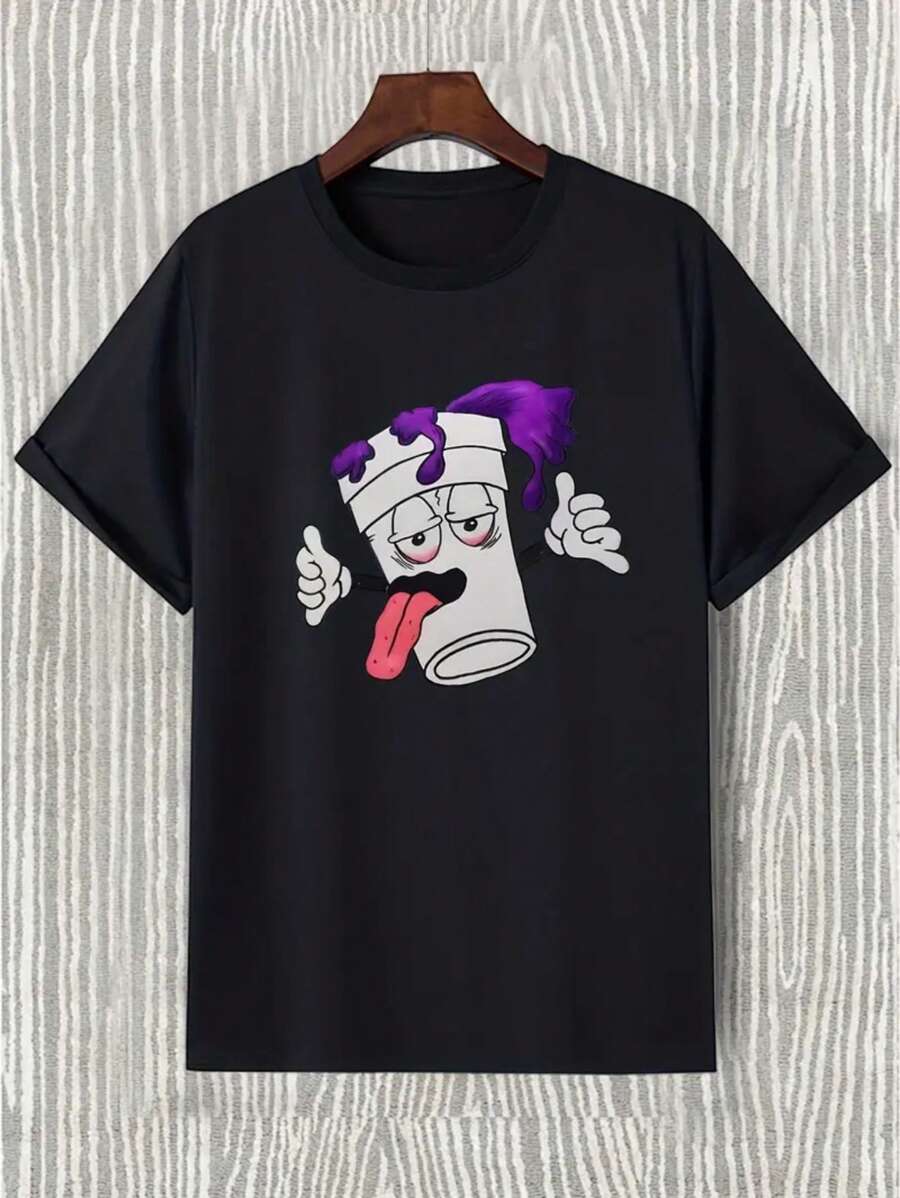 Playera casual de hombre con estampado gráfico divertido de dibujos animados, elegante cuello redondo para el verano