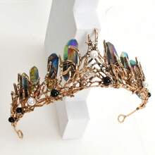 1pc Natural Crystal Stone Decorated Crown Headband - Bronze - View 7