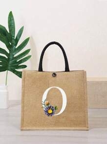 Letter Flower Pattern Natural Elements Teacher Appreciation Gift Women Linen High-Capacity Tote Bag Graduation Gifts Letter Print Fashionable Teacher Tote Bag School Gift Beach Vacation - Khaki - View 26