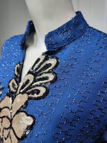 SISKAKIA Váy dài dự tiệc ngày lễ Abaya cho phụ nữ Hồi giáo cổ đứng khoét kim sa tay áo cánh hoa có thắt lưng - Màu xanh hải quân - Xem 10