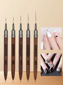 5pcs/Set Wood Handle Nail Liner Brush, Nail Drawing Pen Set For Long Lines Tiny Details Fine Painting Nail Brushes, Nail Art Striping Tape Line Brush With Metal Cover - Brown - View 2
