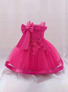 无袖花朵蝴蝶结网纱优雅连衣裙，适合女孩，适合生日派对，不含头饰 - 玫紅色 - 查看 5