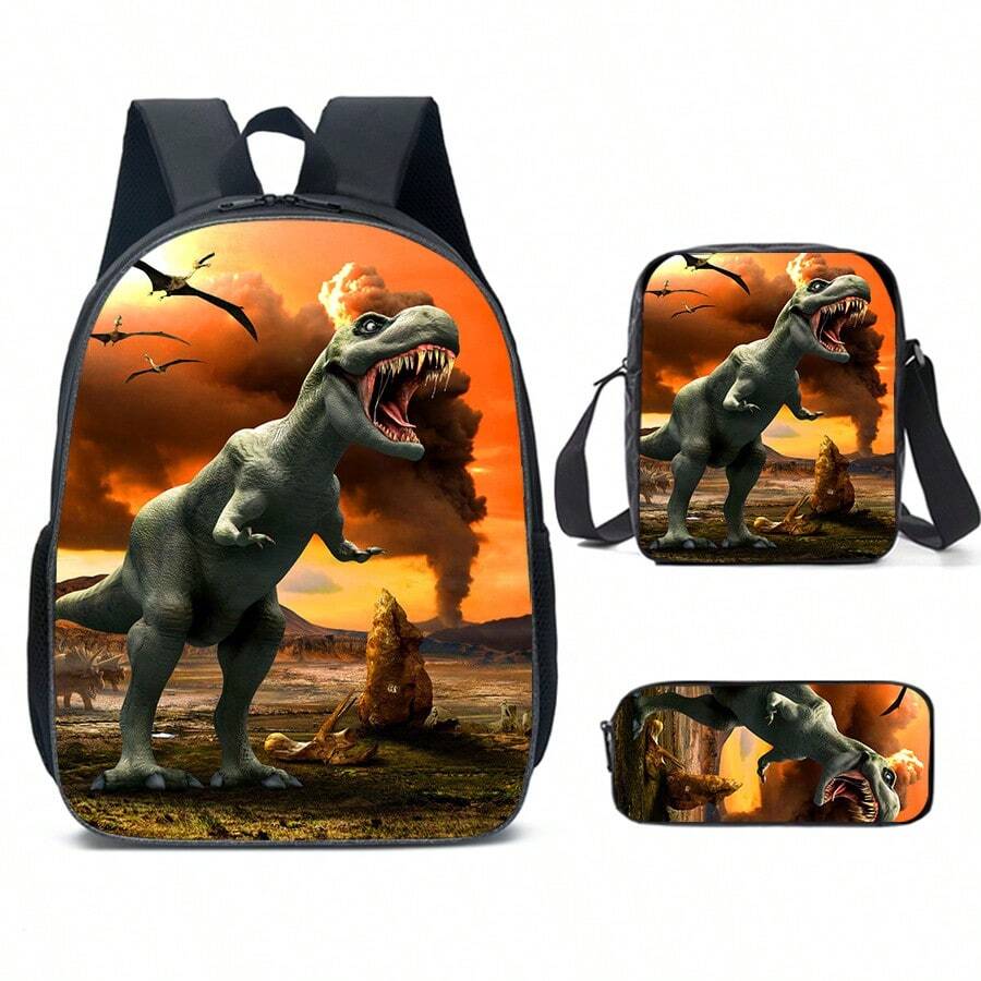 3pcs/Set Children's Dinosaur Backpack Set For Kindergarten And Primary School, Includes Shoulder Backpack And Pencil Case - Dinosaur Smoke - View 1