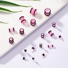 18pcs Personalized Multisize Acrylic Ear Tapers & Plugs Set, Pink With Leather Case, Unisex, 0.16~1cm - Pink Leather Case - View 5