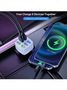 1pc Car Charger 6 USB Porous QC3.0 Fast Charging Car Smartphone Charger - White - View 2