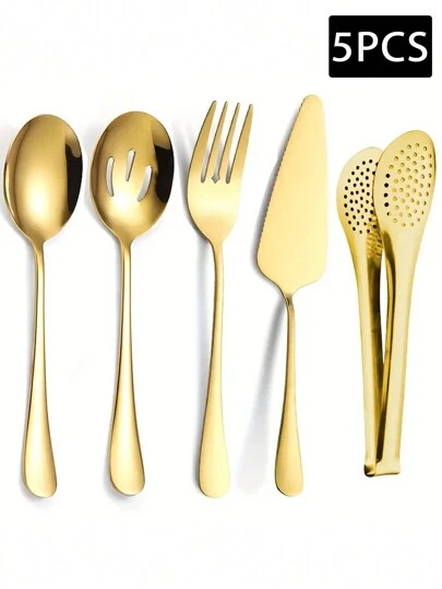 5 件套不锈钢厨具套装，包括餐勺、沙拉夹、蛋糕勺、叉子和夹子，适用于家庭厨房、餐厅、自助餐厅