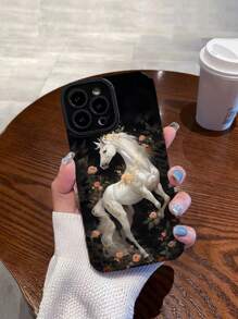 1 pièce Étui de téléphone en faux 3D souple anti-chute élégant avec motif de cheval blanc et rose noble, compatible avec iPhone et Samsung - Multicolore - Voir 2