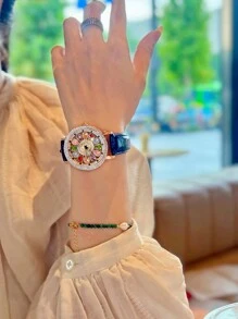 1 Stück glänzende und modische Damen Quarzuhr mit buntem Strasssteindekor, verfügt über ein verlockendes Drehzifferblatt, Edelstahlgehäuse, strapazierfähiges Lederarmband und wasserdichtes Design, perfekt als Geschenk für Frauen zum Dating und täglichen Tragen