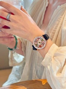 1 Stück glänzende und modische Damen Quarzuhr mit buntem Strasssteindekor, verfügt über ein verlockendes Drehzifferblatt, Edelstahlgehäuse, strapazierfähiges Lederarmband und wasserdichtes Design, perfekt als Geschenk für Frauen zum Dating und täglichen Tragen