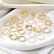 21pcs Leaf Flower Drip Spiral Pearls Value For Money Ring Set - Yellow Gold - View 2