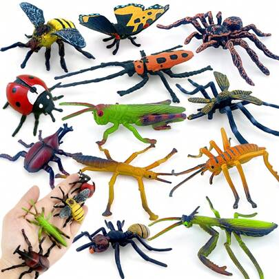 12pcs Realistic Insect Animal Models, Random Selection, 1-3 Inches In Size, Solid PVC Material, Bees, Spiders, Praying Mantises, Crickets, Mosquitoes, Butterflies, Ladybugs, Beetles, Ants, Stick Insects, Grasshoppers, Stag Beetles, Educational And Festival Toys, Prank Toys, Kids' Insect Animal Model Toys Room Decoration