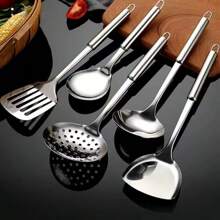 5入組不銹鋼廚房工具組 - 鏟子、勺子、湯匙、飯勺和炒鏟，五件裝廚房小工具套裝，適用於廚房、夏日海灘派對、食品、露營、收納、室內裝飾、廚房物品。 - 銀色 - 查看 2