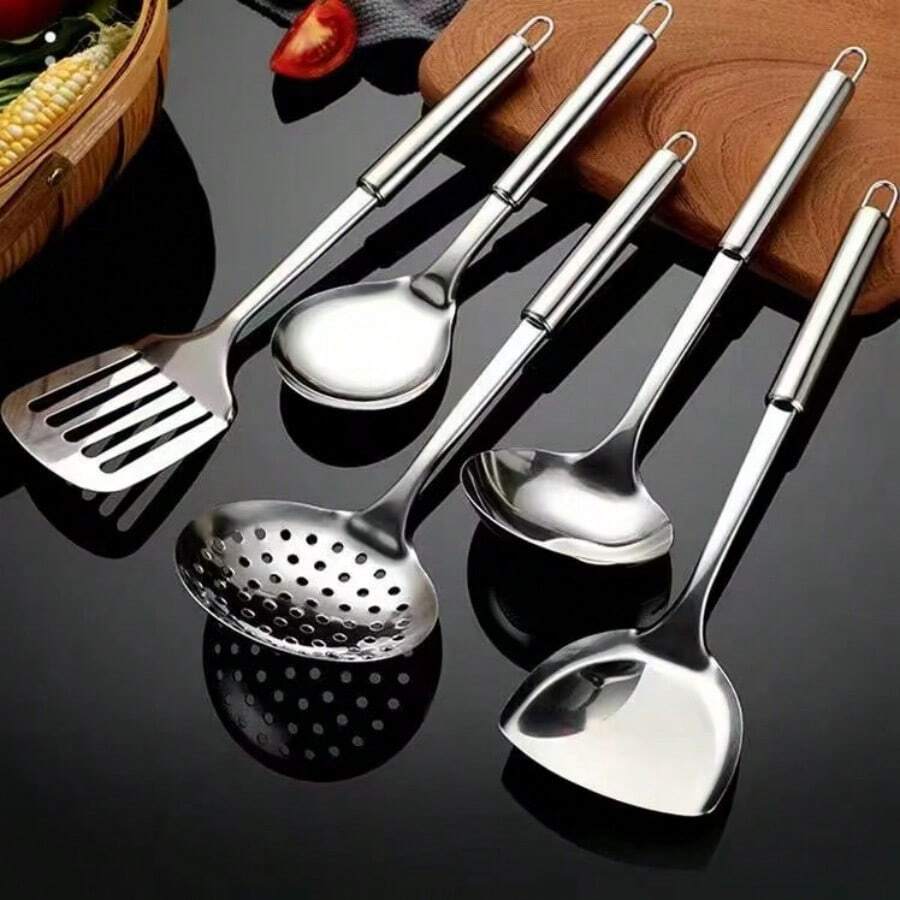5入組不銹鋼廚房工具組 - 鏟子、勺子、湯匙、飯勺和炒鏟，五件裝廚房小工具套裝，適用於廚房、夏日海灘派對、食品、露營、收納、室內裝飾、廚房物品。