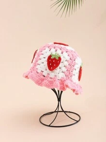 1pc Women's Adorable Casual Y2K Style Fashionable Contrast Color Hand-Crocheted Strawberry Applique Decor Bucket Hat For Outdoor, Traveling, Daily Wear