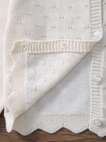 Infant Girls Solid Color Soft Lightweight Hollow Pattern Button Long Sleeve Knitted Cardigan Jacket, Suitable For Outings - Beige - View 5