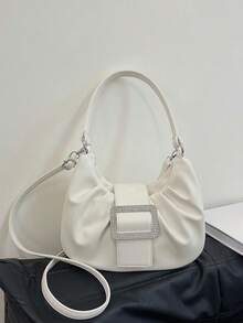 女士单肩马鞍包，大容量新月形包，带褶皱设计，白色单肩/斜挎包 - 白色 - 查看 6