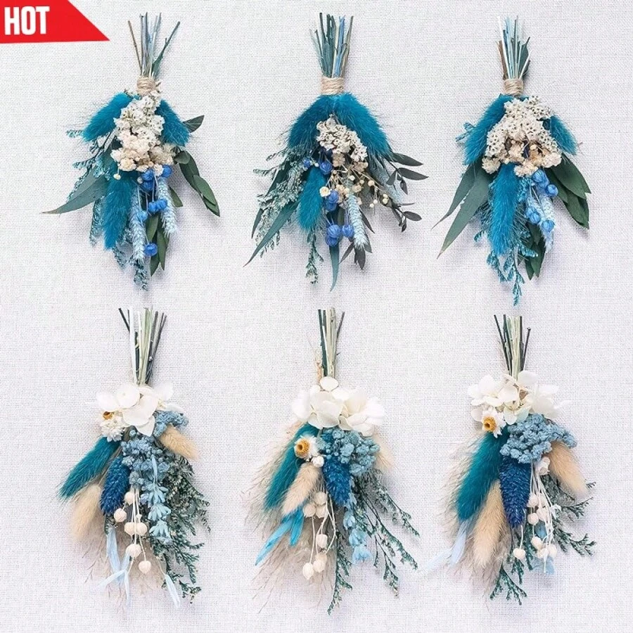 Set de 6 mini ramos de flores secas, ideal para bodas bohemias, decoración de centros de mesa, pequeñas flores y espigas secas para manualidades, caja de regalo para damas de honor, decoración de jarrones, decoración de otoño