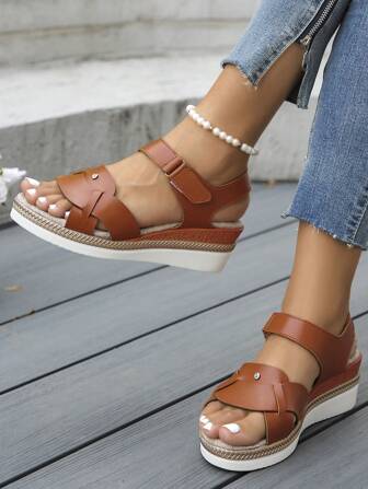 Ladies Elegant Thick Soled Sandals, Comfortable Walking Shoes With Ankle Straps, Slope Heel Beach Shoes