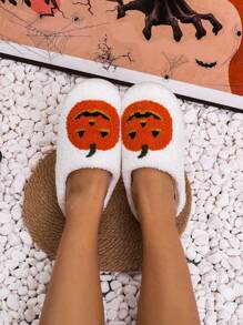 Dép Lông Thú Halloween Dành Cho Người Cao Tuổi Với Thiết Kế Quả Bí Ngô, Mũi Tròn, Dép Ấm Áp Trong Nhà Cặp Đôi, Mùa Đông, Phong Cách Dễ Thương Cho Nữ - trắng - Xem 2