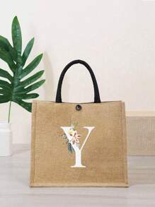 Letter Flower Pattern Natural Elements Teacher Appreciation Gift Women Linen High-Capacity Tote Bag Graduation Gifts Letter Print Fashionable Teacher Tote Bag School Gift Beach Vacation - Khaki - View 11