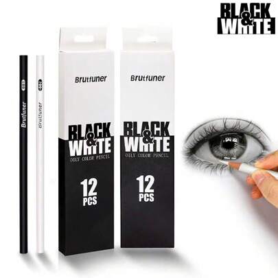 Brutfuner 6/12pcs Black And White Color Pencil, Permanent Colored Drawing Pencil, Oil-Based Wooden Black/White Color Pencil, Art Painting White Highlighting Brush, Black/White Colors Optional Back To School
