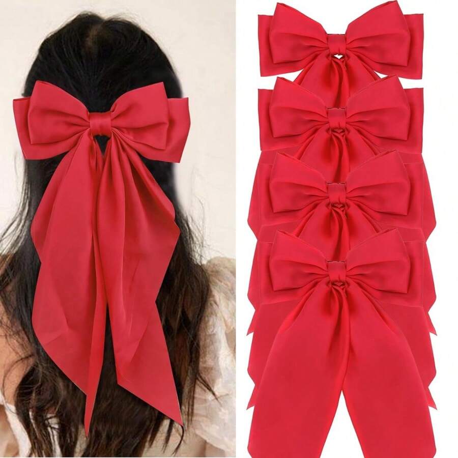 1/2/4 件红色发饰大缎带蝴蝶结女士发夹可爱大发夹婚礼新娘单身派对发饰 - 紅色 - 查看 1
