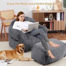 Bean Bag Chair With Ottoman,  Corduroy Velvet Armrests Accent Sofa Chair High-Density Foam Filled Sofa Chair Giant Lazy BeanBag Sofa With Pocket & Foot Stool For Living Room, Bedroom - 淺灰色 - 查看 3