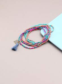 7pcs/Set Handmade Bohemian Style Heart-Shaped Tassel Bracelet Set, Suitable For Women's Daily Wear And Vacation Valentines,Mom,Mother,Mother's Day,Gift - Multicolor - View 3