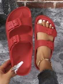 2025 New Style Women Outdoor/Indoor Versatile High Elastic EVA Fashion Anti-Slip Wear Resistant Buckle Slide Sandals, Shock-Absorbing Soft Comfortable Anti-Odor - Red - View 7