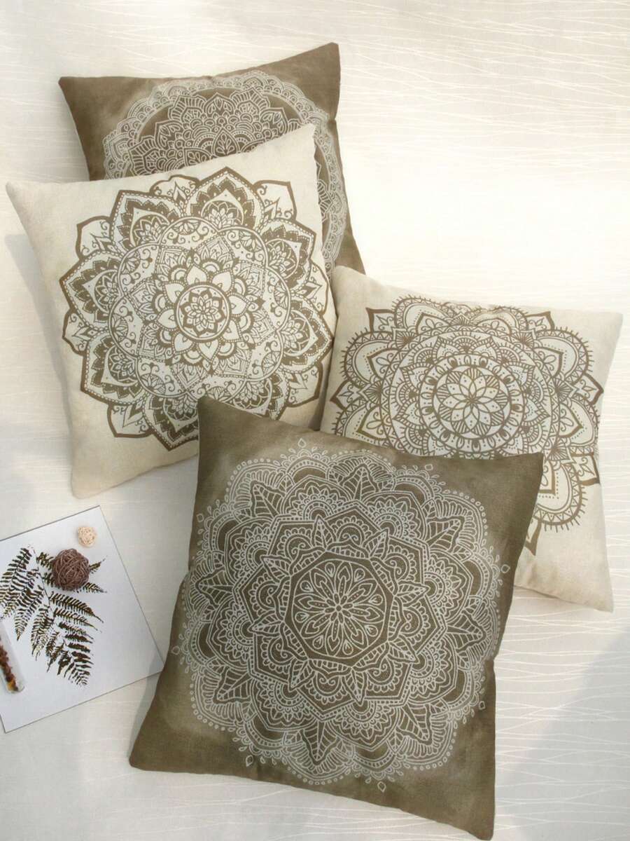 SUMGAR Beige Coffee Mandala Throw Kissenbezüge Frühling Boho Pattern Square Kissenbezüge Bohemian Kissenbezüge für Schlafsofa Auto mit unsichtbarem Reißverschluss 45x45cm 4er Pack - Verschiedenfarbig - Übersicht 1